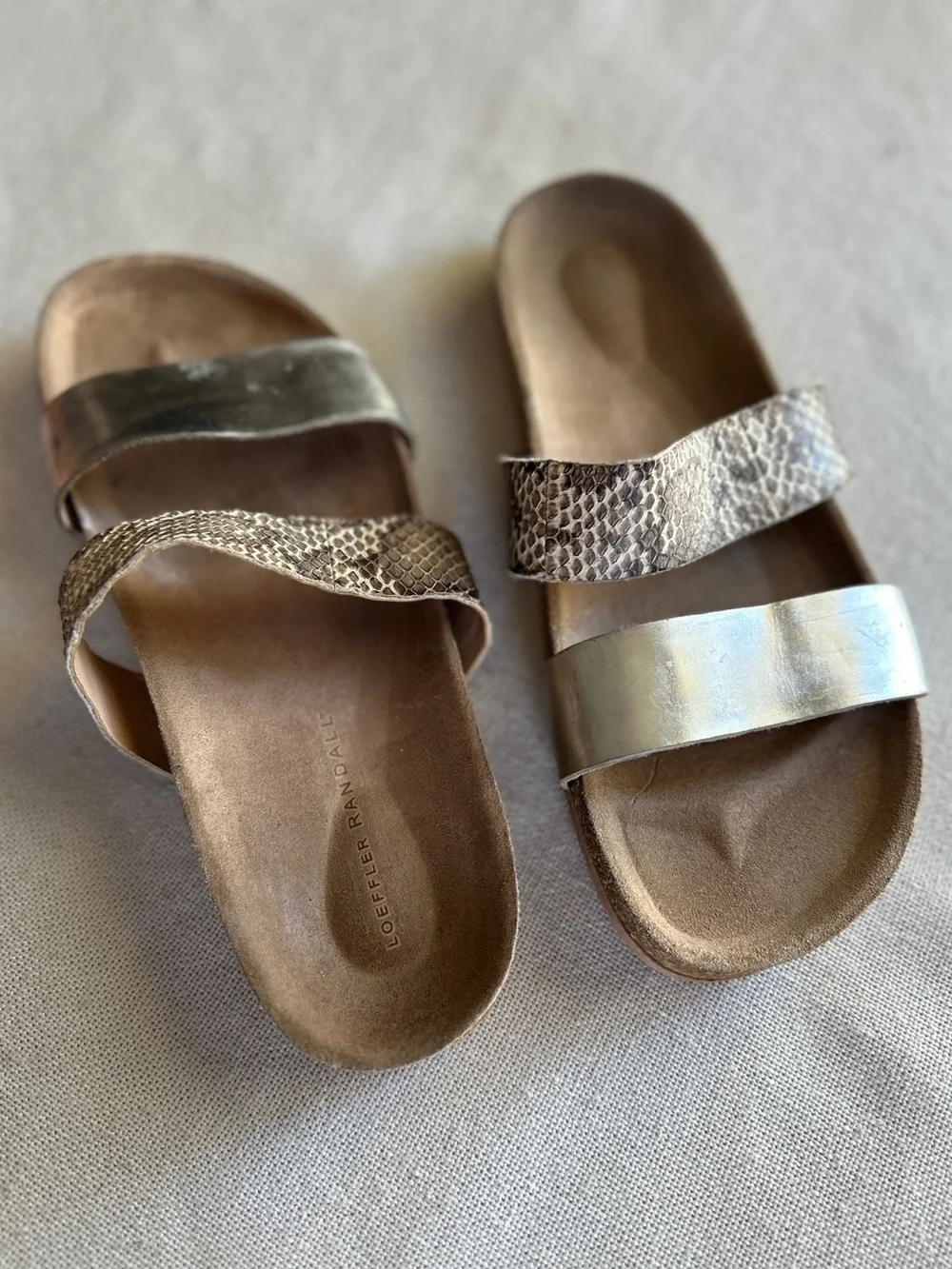 Loeffler Randall Paz Two-Strap Snakeskin & Metallic Slide Sandals | 8